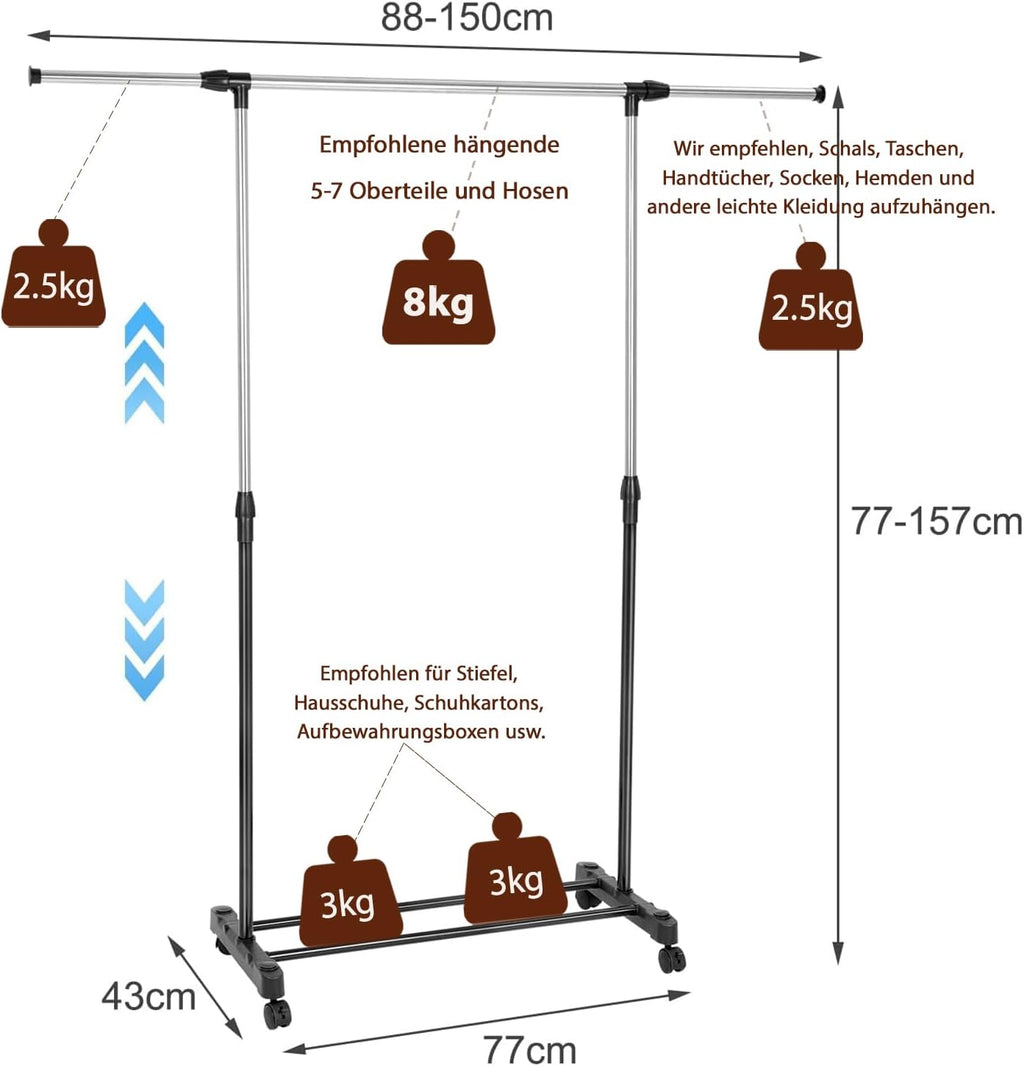 Ausziehbare Profi-Rollgarderobe – Stabiler Kleiderständer in Schwarz