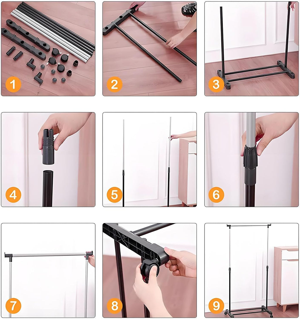 Flexibler Roll-Kleiderständer – Höhenverstellbare Kleiderstange (90–160 cm) in Schwarz