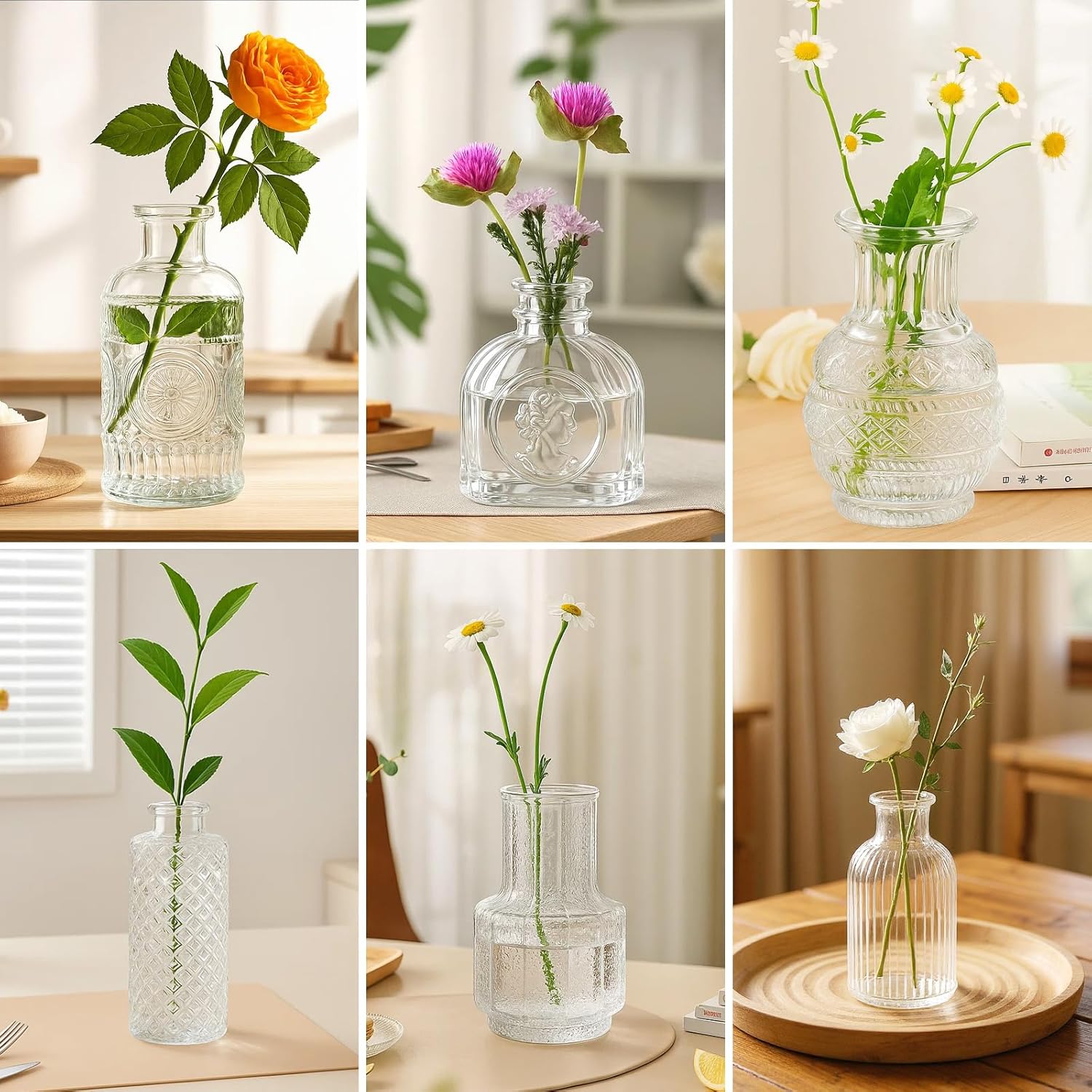 Vintage Glasvasen im 6er Set – Edles Diamant-Design für Tischdeko & Hochzeit (13 cm)