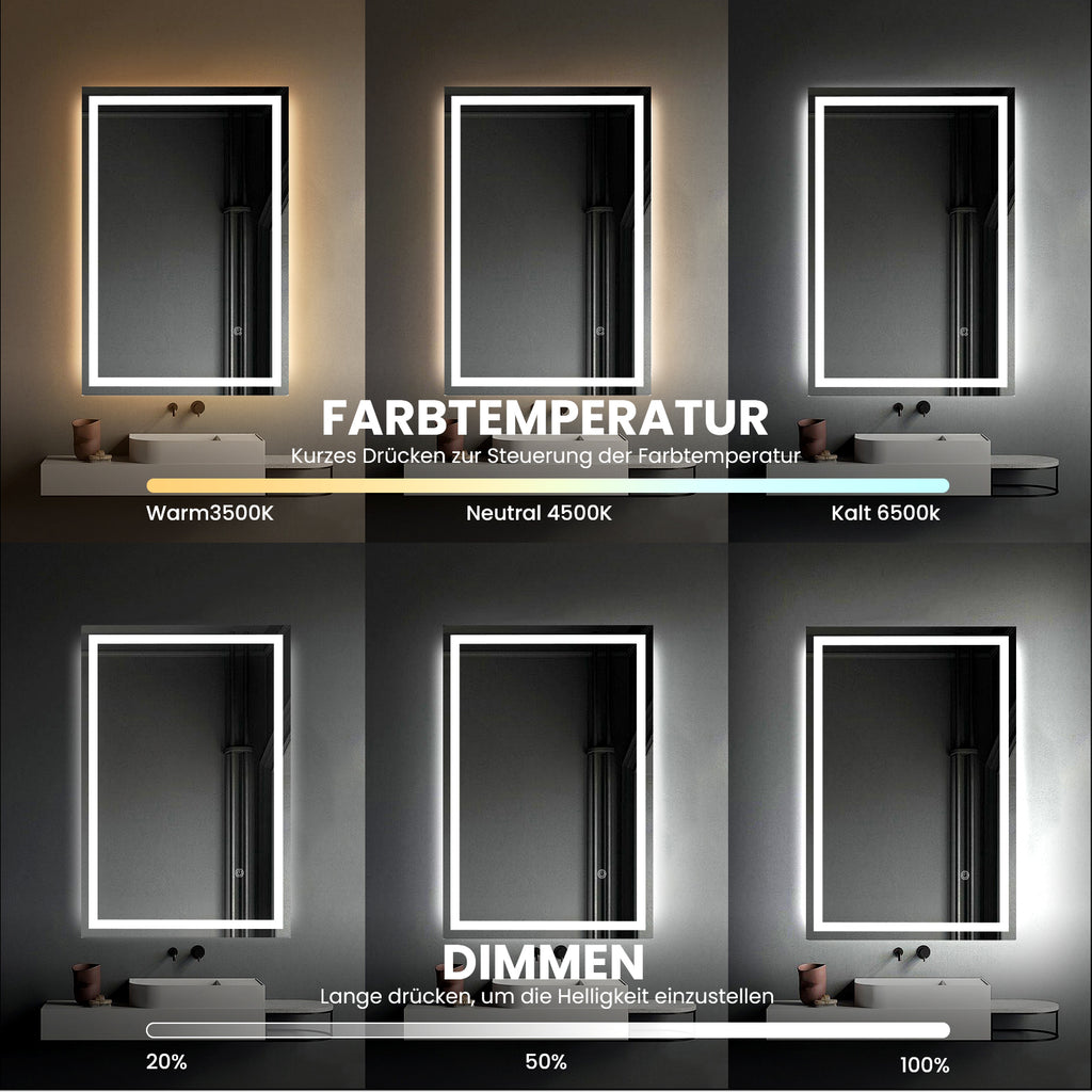 Eleganter LED-Badezimmerspiegel – 50x70 cm mit Touch-Sensor & 3 Lichtfarben