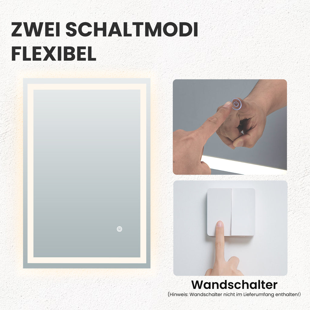 Eleganter LED-Badezimmerspiegel – 50x70 cm mit Touch-Sensor & 3 Lichtfarben