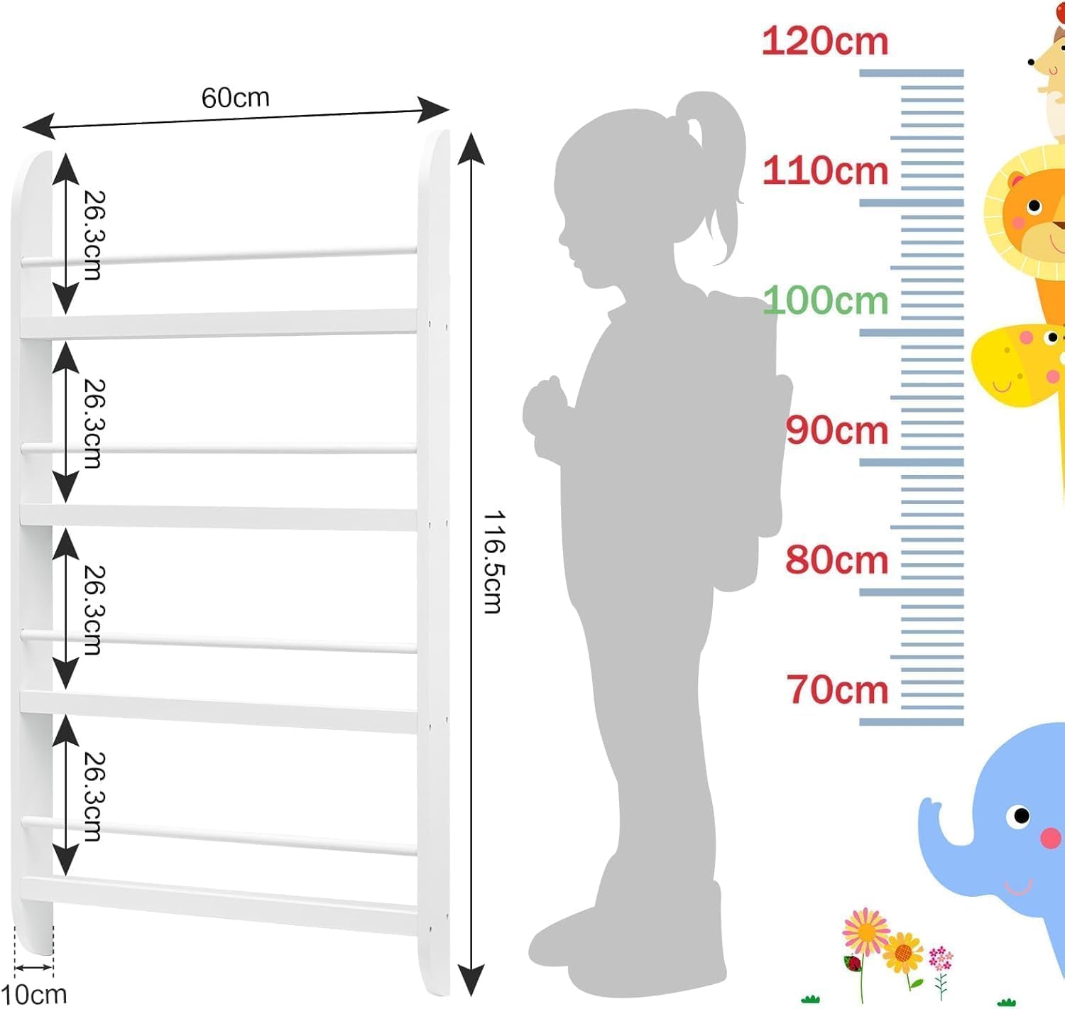 Wand-Bücherregal für Kinder – 4 Ebenen Platzsparendes Kinderregal (60 x 117 cm)