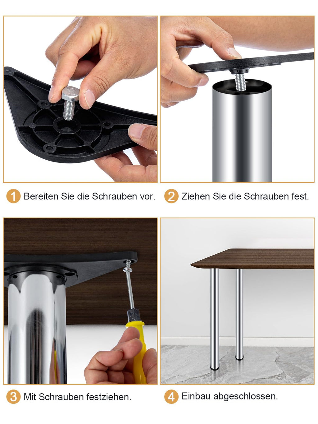 Premium Tischbeine 4er Set – Höhenverstellbare Barfuß-Säulen (870–890 mm) in Mattchrom