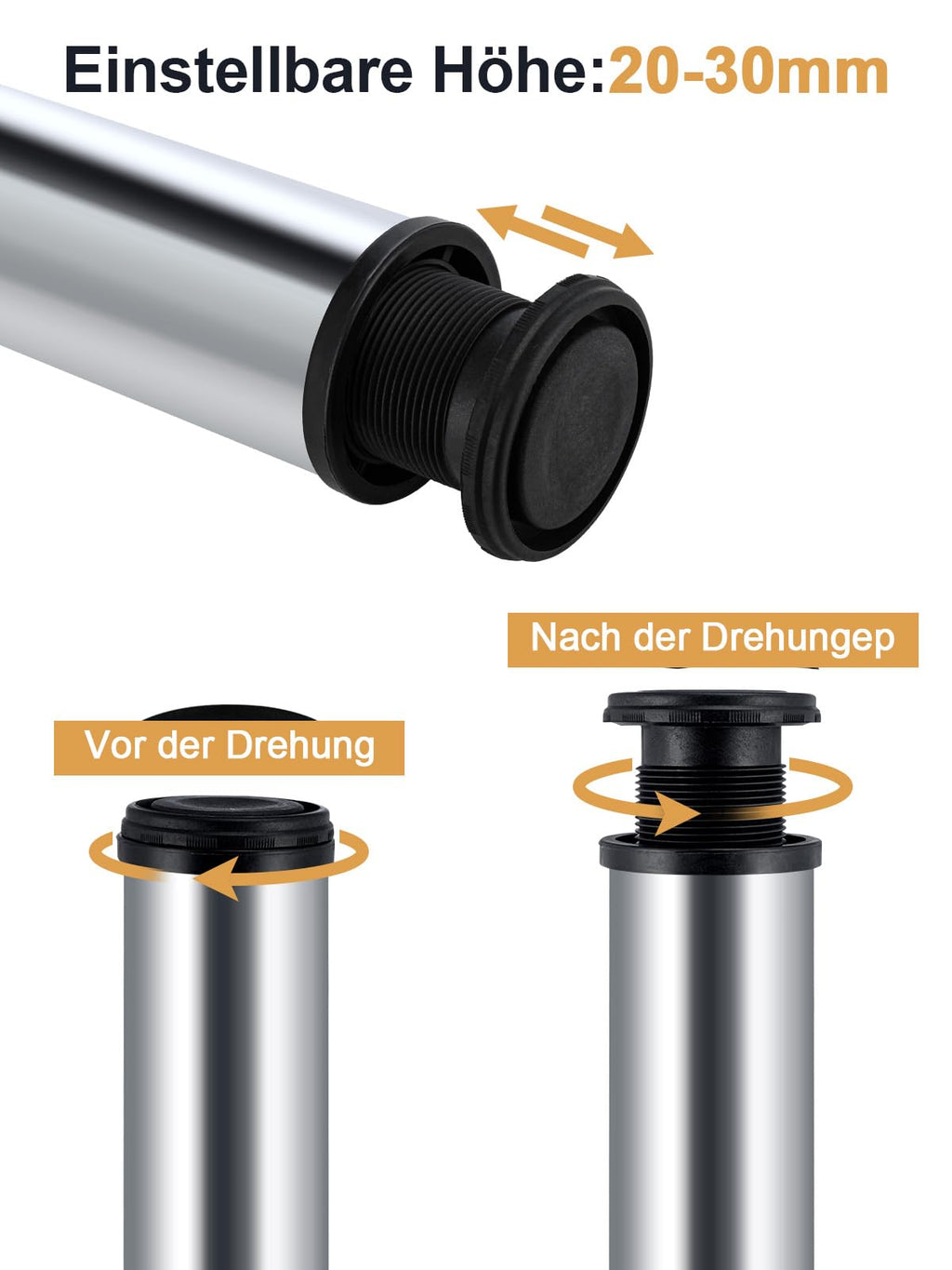 Premium Tischbeine 4er Set – Höhenverstellbare Barfuß-Säulen (870–890 mm) in Mattchrom